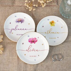 Birthday Dish Custom Birth Flowers And Name - Personalized Jewelry Dish