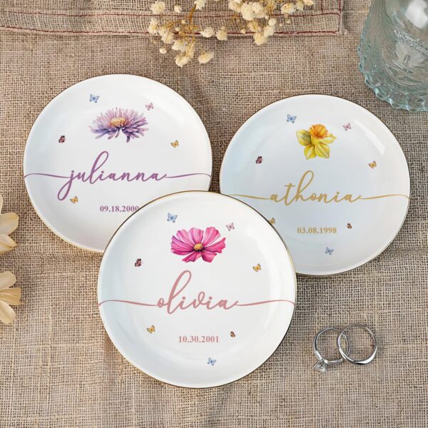Birthday Dish Custom Birth Flowers And Name - Personalized Jewelry Dish