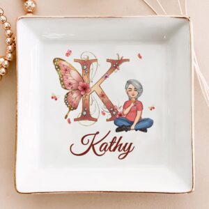 Floral Butterfly Monogram Letter - Personalized Jewelry Dish
