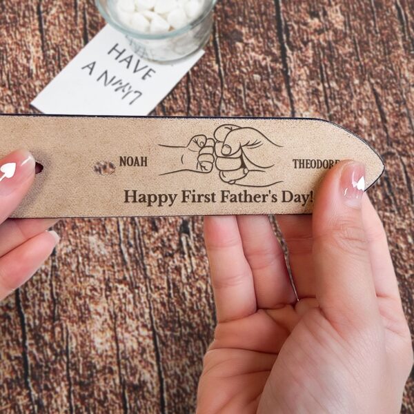 Happy First Father's Day Fist Bump Daddy And Baby - Personalized Engraved Leather Belt - Image 3
