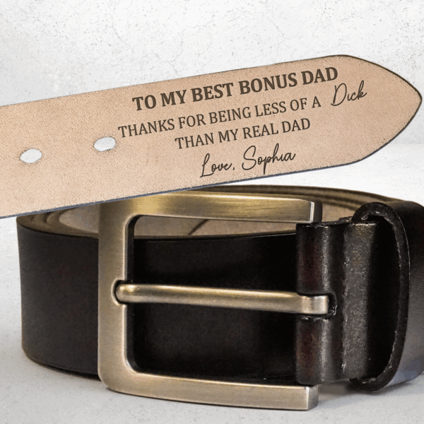 Thank You To My Best Bonus Dad - Personalized Engraved Leather Belt - Image 2