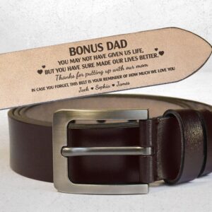 To Bonus Dad, Step Dad Thanks For Putting Up With Mom - Personalized Engraved Leather Belt