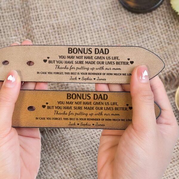 To Bonus Dad, Step Dad Thanks For Putting Up With Mom - Personalized Engraved Leather Belt - Image 3